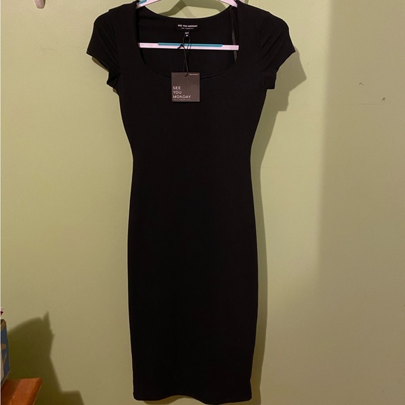 see you monday sym la black ribbed bodycon midi dress new nwt midi long M - Picture 2 of 8